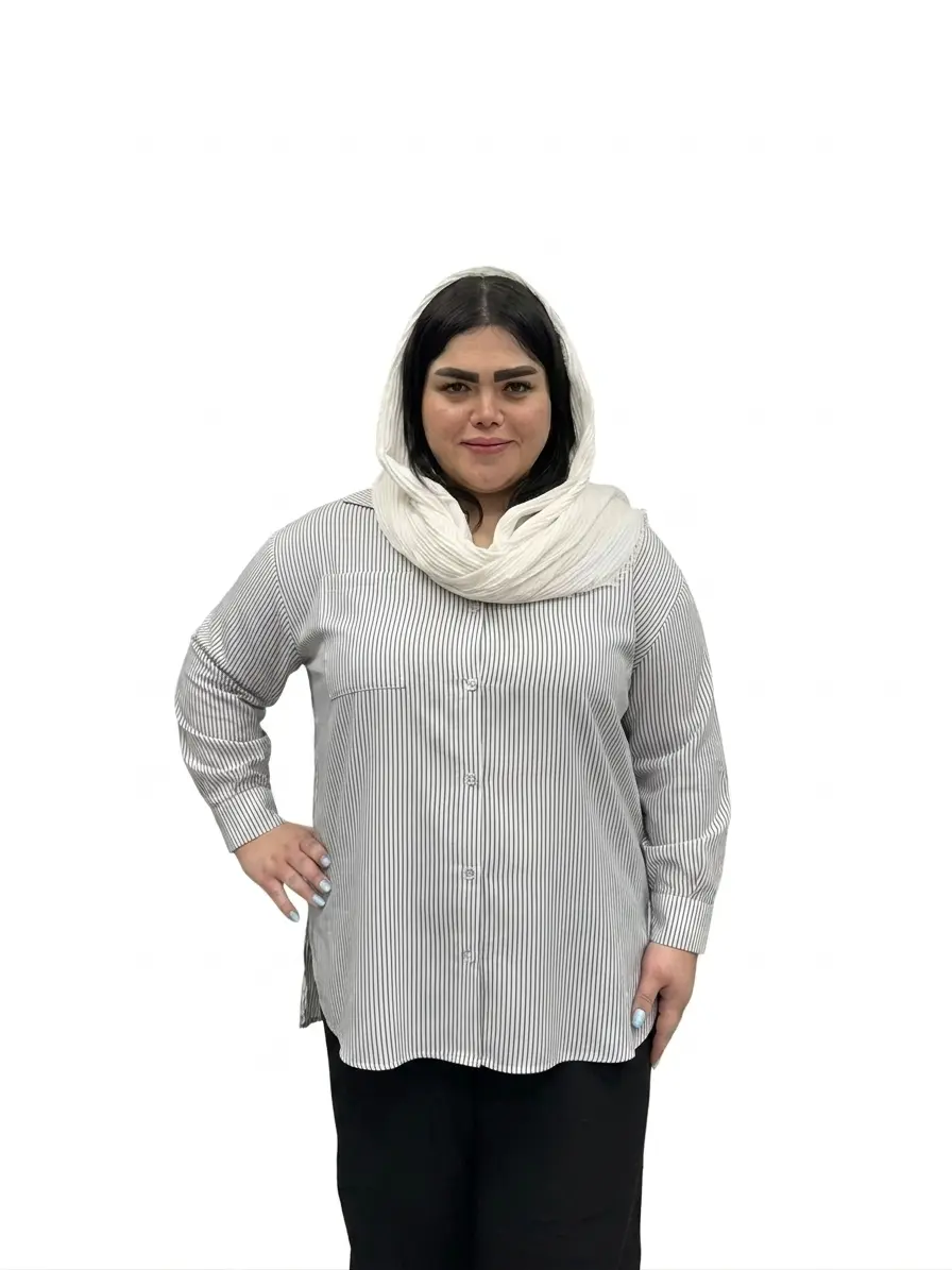 شومیز نخی راه راه یقه دار سایز بزرگ زنانه